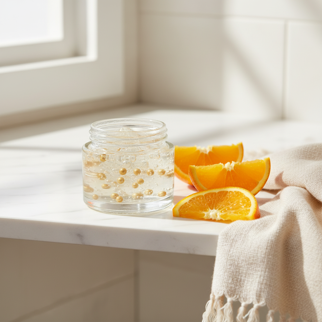 El mismo tarro sobre repisa de mármol con naranjas y toalla de lino