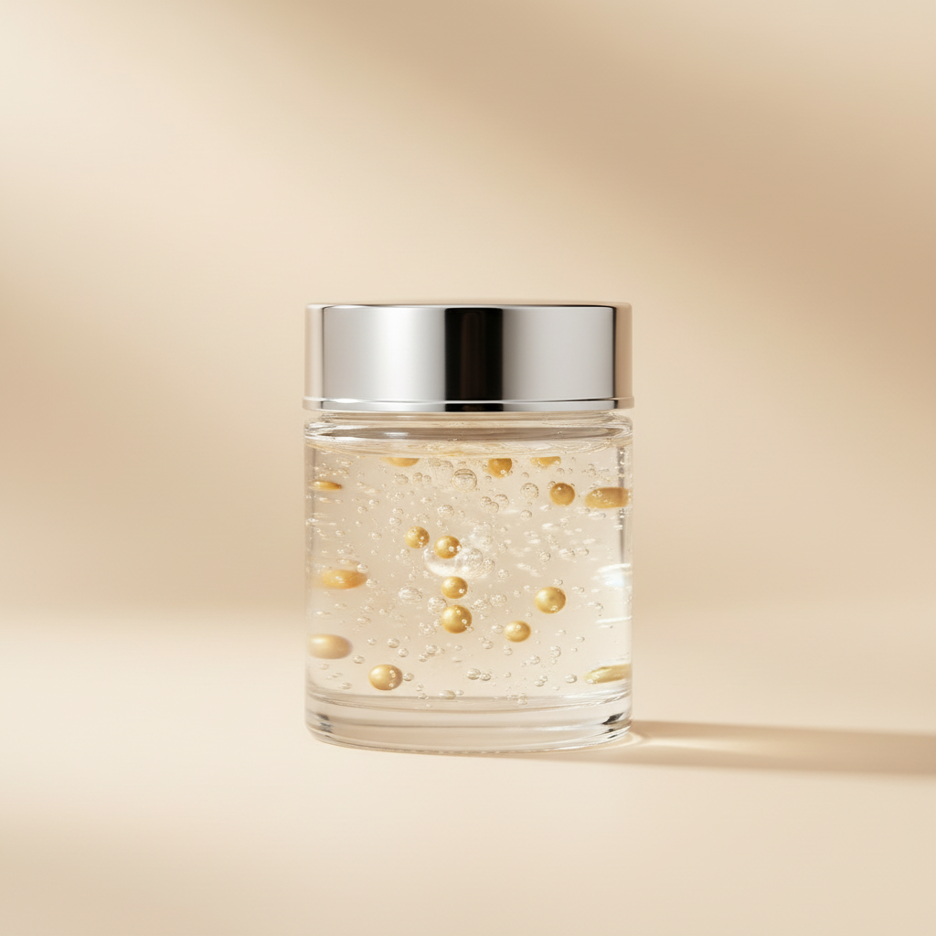 Tarro del hidratante facial con cápsulas doradas sobre fondo beige